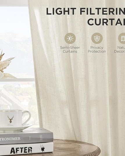 Joydeco Curtains, 108 Inches Long, 2 Panels Set, Farmhouse Drapes for Living Room, Semi-Blackout, Linen-Polyester, Ivory on Linen, Rod Pocket