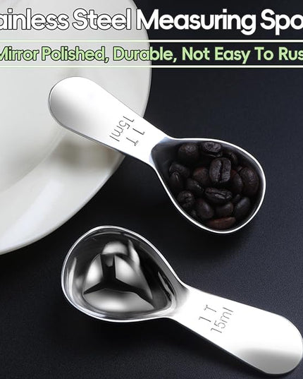 Coffee Scoop set,1&2Tablespoon Measuring spoon (2pieces) Ergonomic sdesign stainless steel manufacture,Coffee Scoop for Ground Coffee, Fits inside Airscape Canisters. (1TBSP&2TBSP(15ML&30ML))