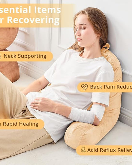 Sasttie Reading Pillow, Velvet Back Pillow for Bed Sitting Up, Adult Back-Rest Support Cushion with Arms for Sit Up on Couch, Sofa, and Floor, Dorm Essentials, Reading Accessories, Camel