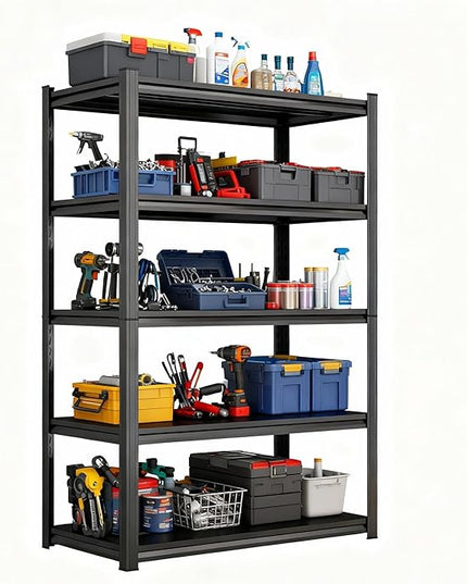 Storage Shelves, Garage Metal Shelving Unit, Adjustable, Double-Layer Column with Reinforced Ribs, Heavy-Duty, Capable of Bearing 600-3600 lbs (Balck, 63 * 39 * 20, 5-Tier)