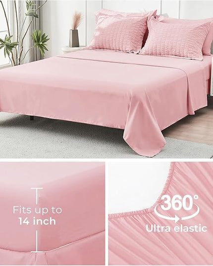 HYMOKEGE Pink Queen Comforter Set Seersucker 7 Pieces, All Season Luxury Bed in a Bag for Bedroom, Bedding Set with Comforters, Sheets, Pillowcases & Shams