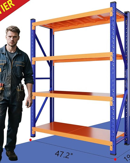 79" H Garage Shelving,3500LBS Heavy Duty Storage Rack,4 Tiers Metal Storage Rack Shelf, Adjustable Shelving Unit for Garage,Kitchen,Warehouse,Basement,78.7" H x 47.2" W x 19.6" D,Blue&Orange