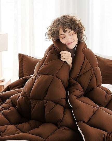 MUXHOMO 7 Pieces King Comforter Set, Reversible Bed in a Bag King Size, All Season Bedding Set with Comforter, Flat Sheet, Fitted Sheet, Pillowcases & Shams, Brown & Khaki