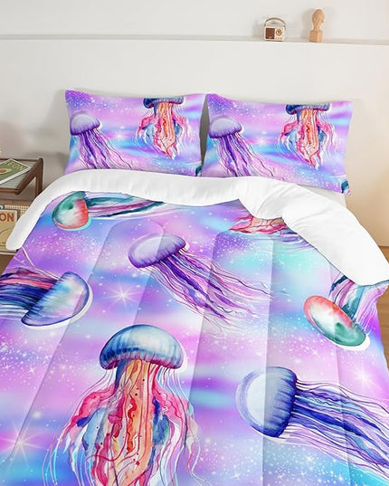 Kawaii Bedding Color Jellyfish Comforter Set King Size,Rainbow Flash Pattern Comforter for Teens Kids Girls Room Decor,Marine Animal Theme Beach Bedding Set with 2 Pillowcases.