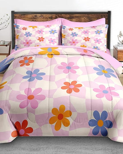 Comforter Set Queen Size, Retro Daisy Pink 7 Pcs Bedding for Kids and Adults, Hippie Aesthetic Kids Bed Sheet Sets with Fitted Sheet 2 Pillowcases & 2 Shams for Bedroom Bed Decor