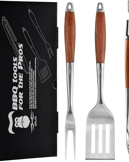 Heavy-Duty Rose Wooden BBQ Grilling Tools Set. Extra Thick Stainless Steel Multi-Function Spatula, Fork & Tongs | Essential Accessories for Barbecue & Grill. Ideal Gift for Father…