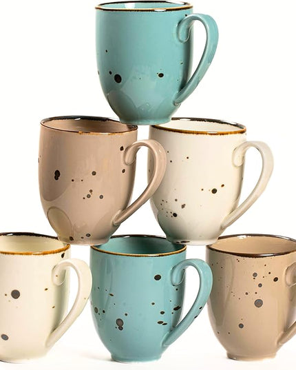 Esfour Ceramic Coffee Mugs Set Of 6, 14 Oz Large Handle Heavy Duty Cups - Microwave Dishwasher Safe - Latte, Cappuccino, Tea, Cocoa, Mocha - Men, Women, Home Office Daily Use, Natural Assorted Colors