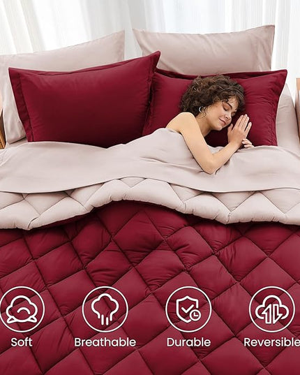 MUXHOMO 7 Pieces King Comforter Set, Reversible Bed in a Bag King Size, All Season Bedding Set with Comforter, Flat Sheet, Fitted Sheet, Pillowcases & Shams, Burgundy & Rose Gold