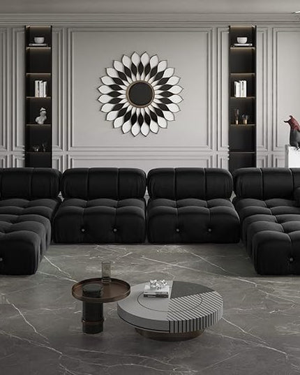 JACH 138" Modular Sectional Couch, U-Shaped Minimalist Velvet Sofas with Chaise Ottomans, Convertible Modern Deep 6-Seat Sofas Furniture for Living Room, Apartment (Black)
