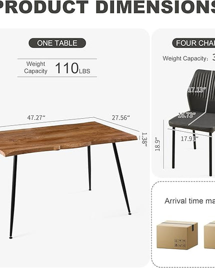 Dining Table Set for 4, Modern Wood Irregular Rectangle Dining Table,Leather Dining Chairs 4,Table and Chairs Set of 4 for Kitchen Dining Room, Dark Grey