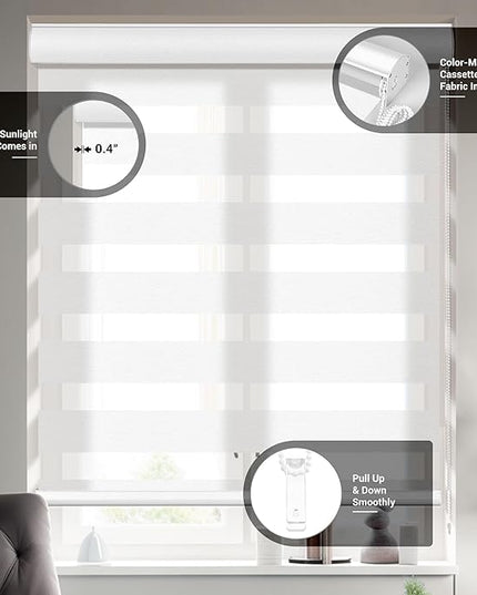 Zebra Blinds for Windows Custom Size Light Filtering Roller Shades Privacy Dual Light Control Dual Layer Easy to Install for Home Custom Size White