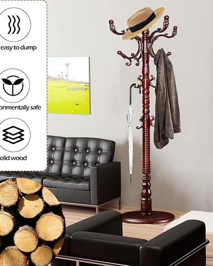 Coat Racks Free Standing with 14 Hooks, Natural Wood Coat Stands for Entryway, Adjustable Height 73 in Tree Coat Rack Stand for Hallway Home Office Bedroom (Mahogany)