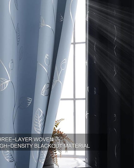 BUHUA Blackout Curtains Pairs 84 Inches Long Room Darkening Curtains with Shinny Silver Leaf Design for Sliding Glass Door 52W×84L Baby Blue 1 Pair