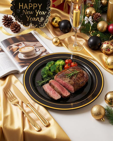 bUCLA 100 Pieces Black and Gold Plastic Dinner Plates - 10.25 inch Black Disposable Plates with Gold Rim - Ideal for Party, Graduation & New Year