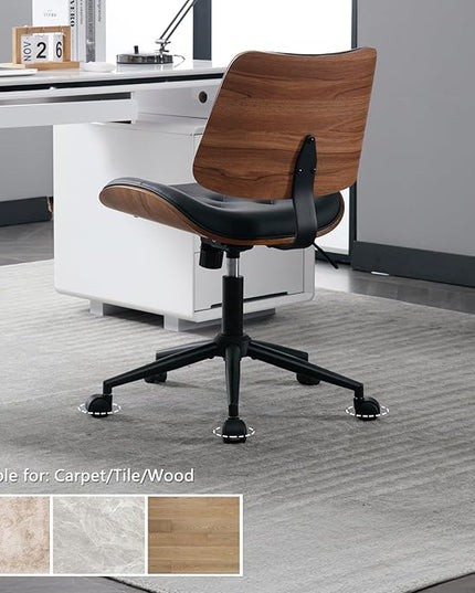 Armless Home Office Chair with Wheels, PU Leather Adjustable Height Computer Desk Chair, 360 Swivel Small No Arms Chair, Modern Button Walnut Style for Office, Reading Meeting Room(Black)