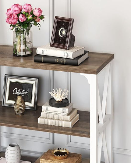 IBF Farmhouse Entryway Table, Wood TV Console Table, Long Rustic Metal Sofa Table, Industrial Hallway Table with Storage Shelves, Modern Foyer Tables for Front Entry Way, White and Rustic Oak, 55 in