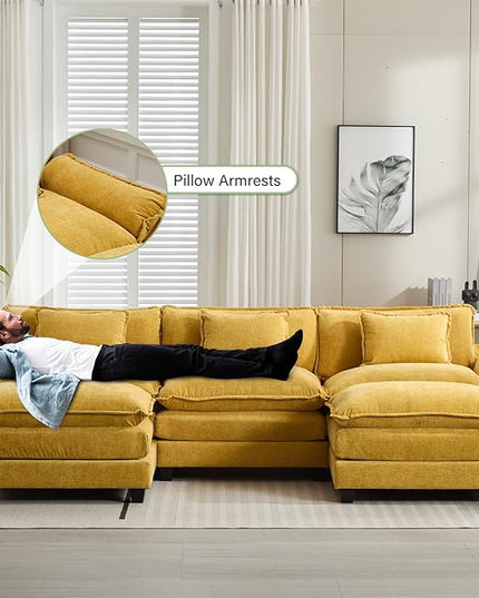 120" Modular Sectional Sofa, Comfy Cloud Couch Sectional Sofa with Ottoman, Chenille Sofa Sleeper Deep Seat Sofa with Throw Pillows for Living Room (Yellow, 120"- U Shape)