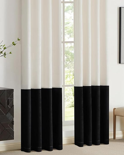 BULBUL Cream Black Color Block Window Curtains Panels 90 inches Long Velvet Farmhouse Drapes for Bedroom Living Roomm Darkening Treatment with Grommet Set of 2