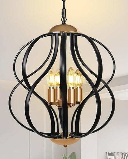 Black and Gold Chandelier for Dining Room, 4-Light Modern Farmhouse Chandelier Light Fixture, Adjustable Industrial Pendant Lights Kitchen Island, Hanging Chandeliers for Living Room Foyer