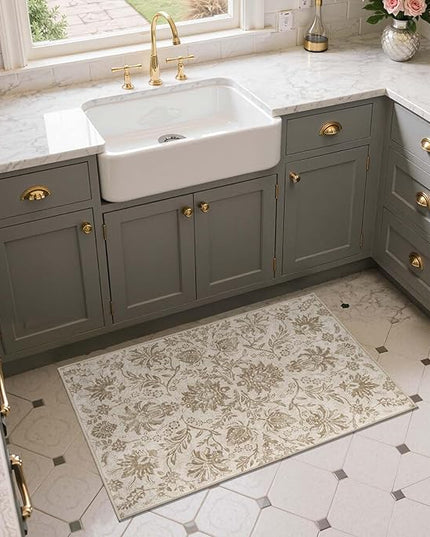 jinchan Torino 2x3 Washable Rugs for Entryway, Vintage-Inspired Floral Neutral Design Non-Slip Low-Pile Doormat, Ultra-Thin Indoor Traditional Accent Carpet for Entrance Bathroom Bedroom, Taupe