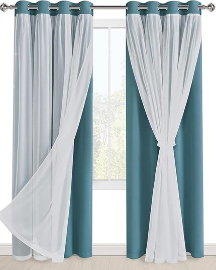 Hiasan Blackout Curtains with Sheer Overlay,Thermal Insulated Mix & Match Double Layer Room Darkening Curtains for Bedroom,Living Room,Nursery,2 Window Panels Sewn with Tiebacks,Stone Blue,52W X 84L