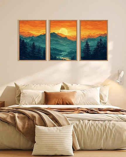 HOURIA Large Sunrise Mountain Forest Landscape Framed Canvas Wall Art Set,Orange Sky Green Ridge Wall Decor,Nature Pine Tree Artwork,Boho Watercolor Art Print for Living Room, Bedroom- 24"x36"x3