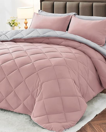 MUXHOMO 7 Pieces California King Comforter Set, Reversible Bed in a Bag Cal King Size, All Season Bedding Set with Comforter, Flat Sheet, Fitted Sheet, Pillowcases & Shams, Pink & Light Grey