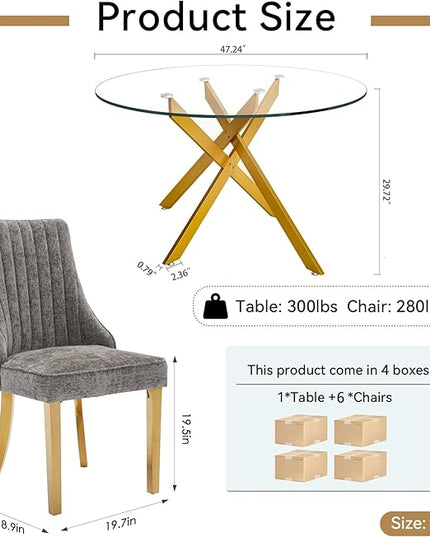 Round Glass Dining Table Set for 6, 47'' Clear Circular Kitchen Table and Chairs Set, 7PCS Modern Circle Dining Room Table Set with 6 Dining Chair for Home