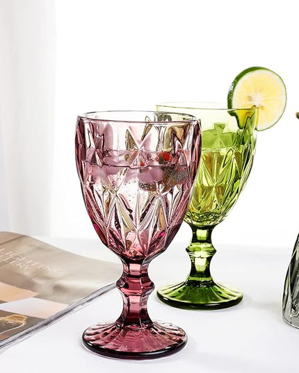 Vintage Wine Glasses Set of 4, Plastic Reusable 12 Ounce Colored Water Goblets, Unique Embossed Pattern Unbreakable Stemmed Wine Glasses, High Clear Wedding Party Bar Drinking Cups Multicolor