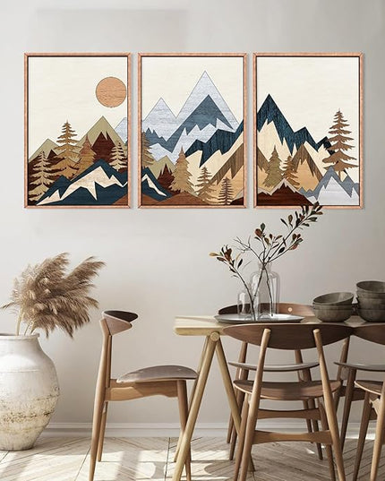 HOURIA Mid Century Mountain Woodland Framed Wall Art Set,Boho Sunrise Pine Tree Wall Decor,Wilderness Nature Forest Artwork,Modern Woodcut Field Art Print for Living Room,Bedroom,Office- 24"x36"x3