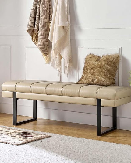HULALA HOME 53" Faux Leather Entryway Bench, Button Tufted End of Bed Bench Ottoman for Bedroom, Living Room with Metal Base,Beige
