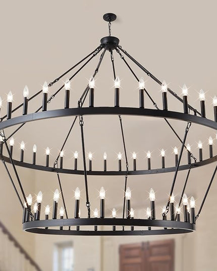 Wagon Wheel Chandelier Farmhouse 2 Tier 64-Light 70-Inch, Black Industrial Chandelier Rustic Candle Pendant Light Fixture Extra Large for High Ceilings, Dining Room, Living Room, Foyer, E12