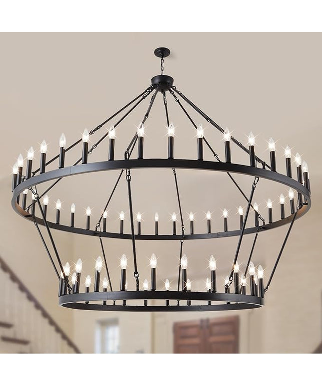 Wagon Wheel Chandelier Farmhouse 2 Tier 64-Light 70-Inch, Black Industrial Chandelier Rustic Candle Pendant Light Fixture Extra Large for High Ceilings, Dining Room, Living Room, Foyer, E12