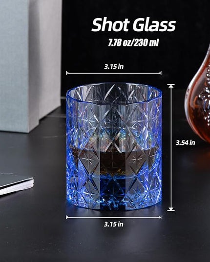 KAMMAK Crystal Whiskey Glass Set of 2, 7.78 oz (230 ml) Handmade Old Fashioned Tumbler, Thick Base Colored Glass with Delicate Rim & Seamless Design for Scotch, Bourbon, Cocktails, Blue 12-Facet