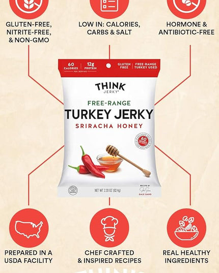 Think Jerky Sriracha Honey Turkey Jerky, High Protein Free-Range Turkey, Gluten Free, No Antibiotics or Nitrates, Healthy Chef Crafted Recipe, Low Calorie and Low Fat - 1.0 oz Bags, 12 Pack