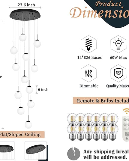 KoKo&Yukina 12-Light Black Mid Century Modern Chandelier for Living Room Staircase Chandelier for Entryway Globe Milky White Glass Pendant Light High Ceiling Chandeliers Foyer (Bulb & Remote Incl.)