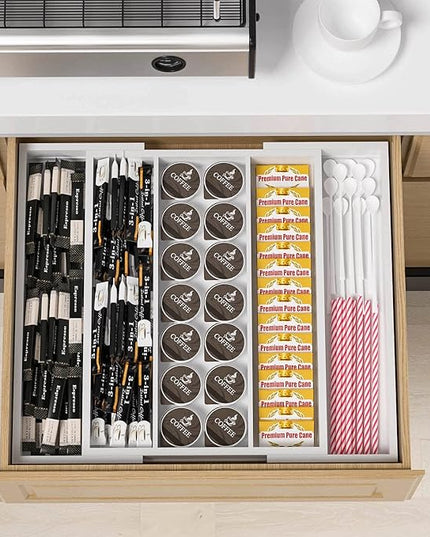 Utensil Organizer for Kitchen Drawers - Bamboo Silverware Tray Expandable 5 Slots Drawer Organizer for Office and Pantry Supplies W13.7-19.9" x L17.6 X H2.5 (White)