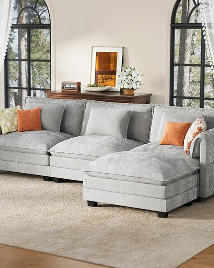 ELUCHANG 113" Modular Sectional Sofa, Comfy Cloud Couch, L Shaped Deep Seat Sofa Couches for Living Room, 4-Seater Modern Sofa with Movable Ottoman, DIY Combination - Chenille Light Grey