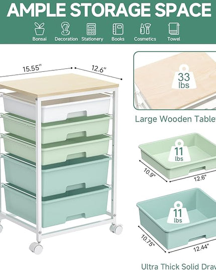 Craft cart,Rolling Cart with Drawers,Storage Cart with 5 Drawers and Wooden Tabletop for Under Desk Organizers and Storage,Green