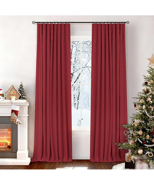 INOVADAY 100% Blackout Curtains for Bedroom, Black Out Curtains 84 Inch Long, Clip Rings Linen Blackout Drapes, Thermal Insulated Room Darkening for Living Room, 2 Panels - Ruby Red,W50xL84