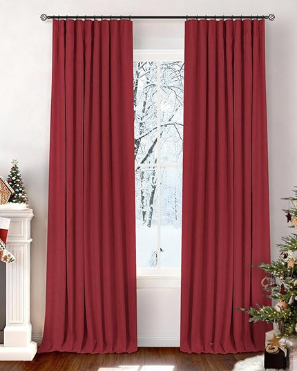 INOVADAY 100% Blackout Curtains for Bedroom, Black Out Curtains 102 Inch Long, Clip Rings Linen Blackout Drapes, Thermal Insulated Room Darkening for Living Room, 2 Panels - Ruby Red,W50xL102