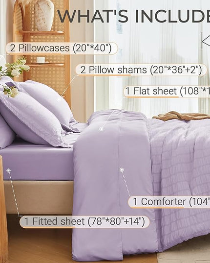 MUXHOMO 7 Pieces King Comforter Set, Seersucker Bed in a Bag King Size, All Season Luxury Bedding Set with Comforter, Flat Sheet, Fitted Sheet, Pillowcases & Shams, Lavender