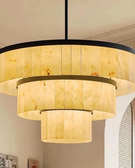 D34.3 Round Alabaster Chandelier, 3-Tier Brass Marble High Ceiling Chandeliers, Modern Dining Room Chandeliers Living Room Light for Entryways, Foyer, Stair, Kitchen Black(Include Bulbs)
