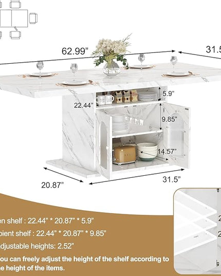 HSH Dining Table for 4–6, 63" Modern Kitchen Dining Room Table with Storage Shelves & Acrylic Door Cabinet,Wood Rectangle Dinner Table with Faux Marble Top for Home Apartment, White Faux Marble