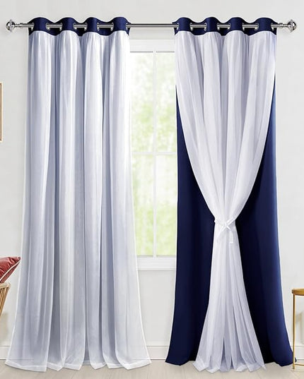 Hiasan Blackout Curtains with White Sheer Overlay, Double Layer Mix & Match Thermal Insulated Grommet Window Curtains for Bedroom, Living Room, 2 Drape Panels with Tiebacks, Navy Blue, 52W X 96L