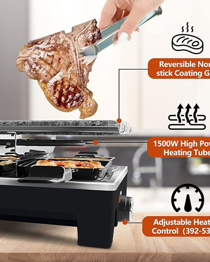 Raclette Table Grill, CUSIMAX Indoor Grill Electric Grill, Portable Korean BBQ Grill with 2 in 1 Reversible Non-stick Plate & Natural Grill Stone, 8 Raclette Pans 8 Wooden Spatulas for Family Fun