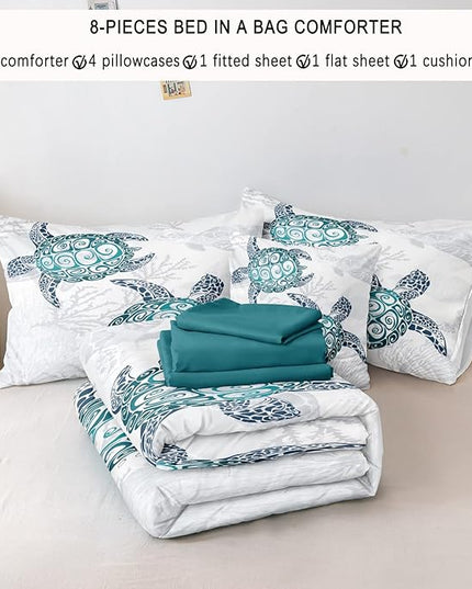 Bedbay Ocean Turtle Bedding Set, 8Pcs King Comforter, Teal Turquoise, Coastal, Microfiber, Bed in a Bag