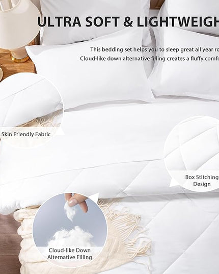Love's cabin Full Comforter Set White, 7 Pieces Full Bed in a Bag, All Season Bedding Sets with 1 Comforter, 1 Flat Sheet, 1 Fitted Sheet, 2 Pillowcase and 2 Pillow Sham