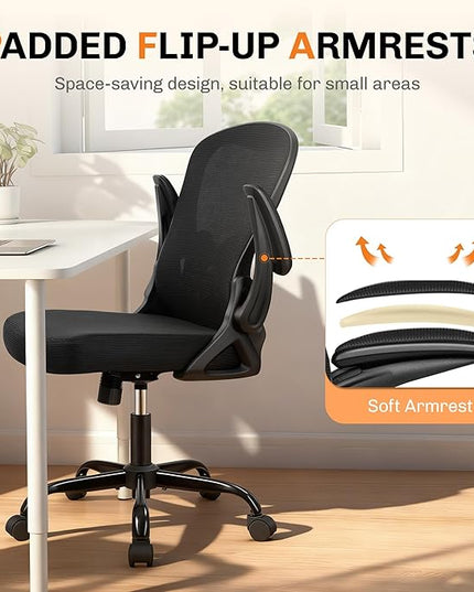Office Chair, Ergonomic Mesh Desk Chair with Adjustable Lumbar Support & Flip-Up Armrest, Mid Back Computer Chair, Swivel Task Rolling Chair for Home and Office (Black)