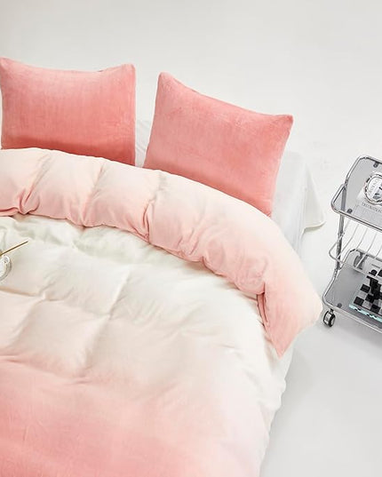 Luxlovery Pink Gradient Velvet Comforter Full Fluffy Plush Flannel Bedding Set Full Women Girls Pink White Ink Rainbow Color Blanket Quilts Warm Comforter Set